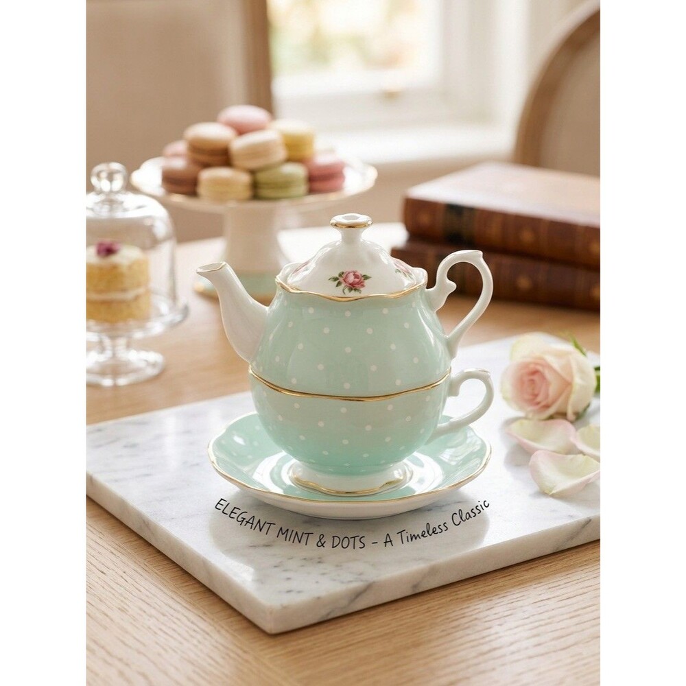 Royal Albert Tea For One Porcelain Set Polka Rose Green/White/Pink Gold Trim